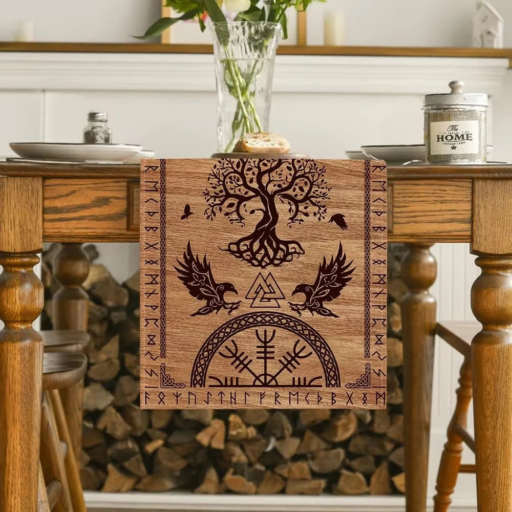 drapeau table artisanal nordique motifs corbeaux arbre vie brunclair festive halloween noël mariage coachella