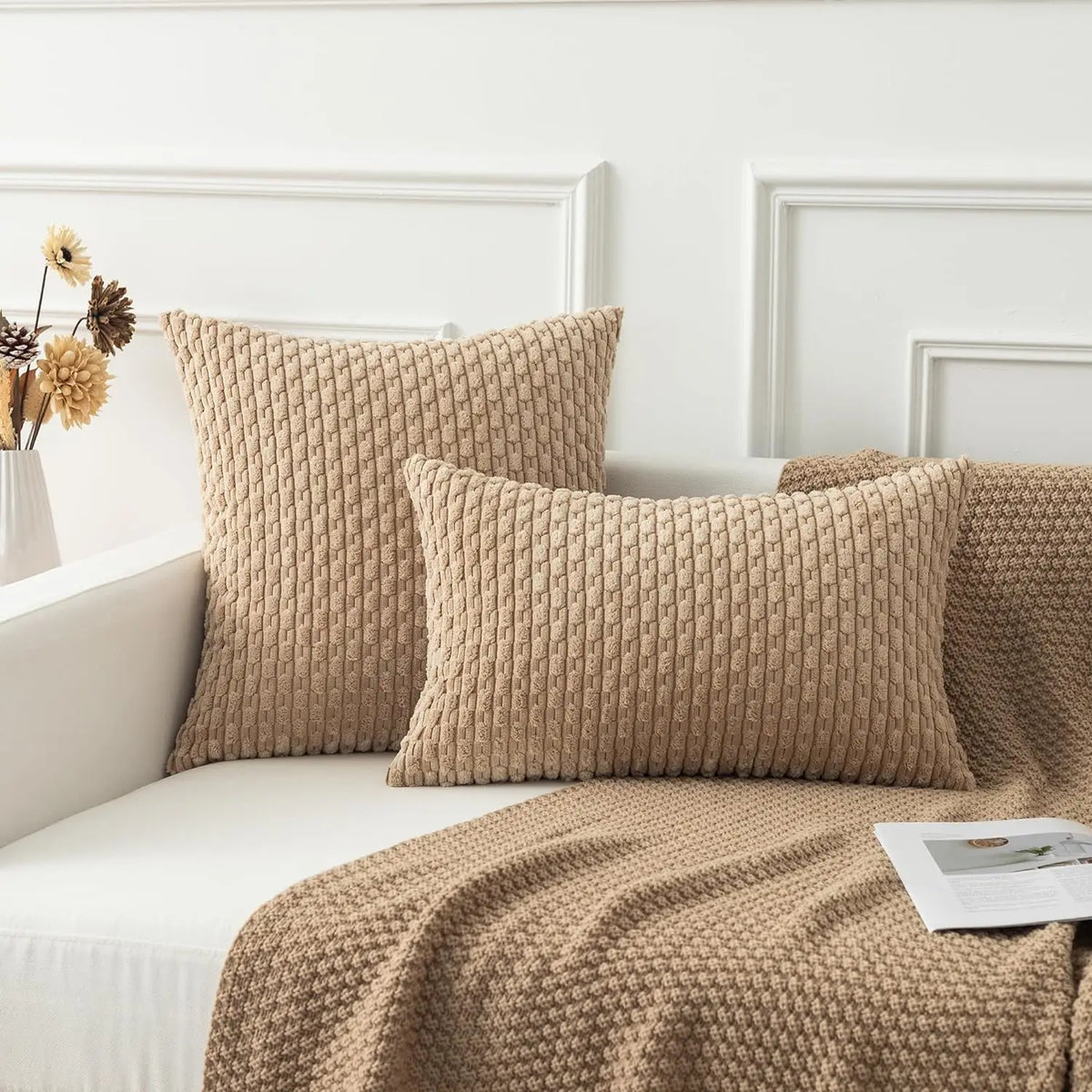 coussin moderne beige adhésif velours côtelé 40x40cm 45x45cm 50x50cm 55x55cm