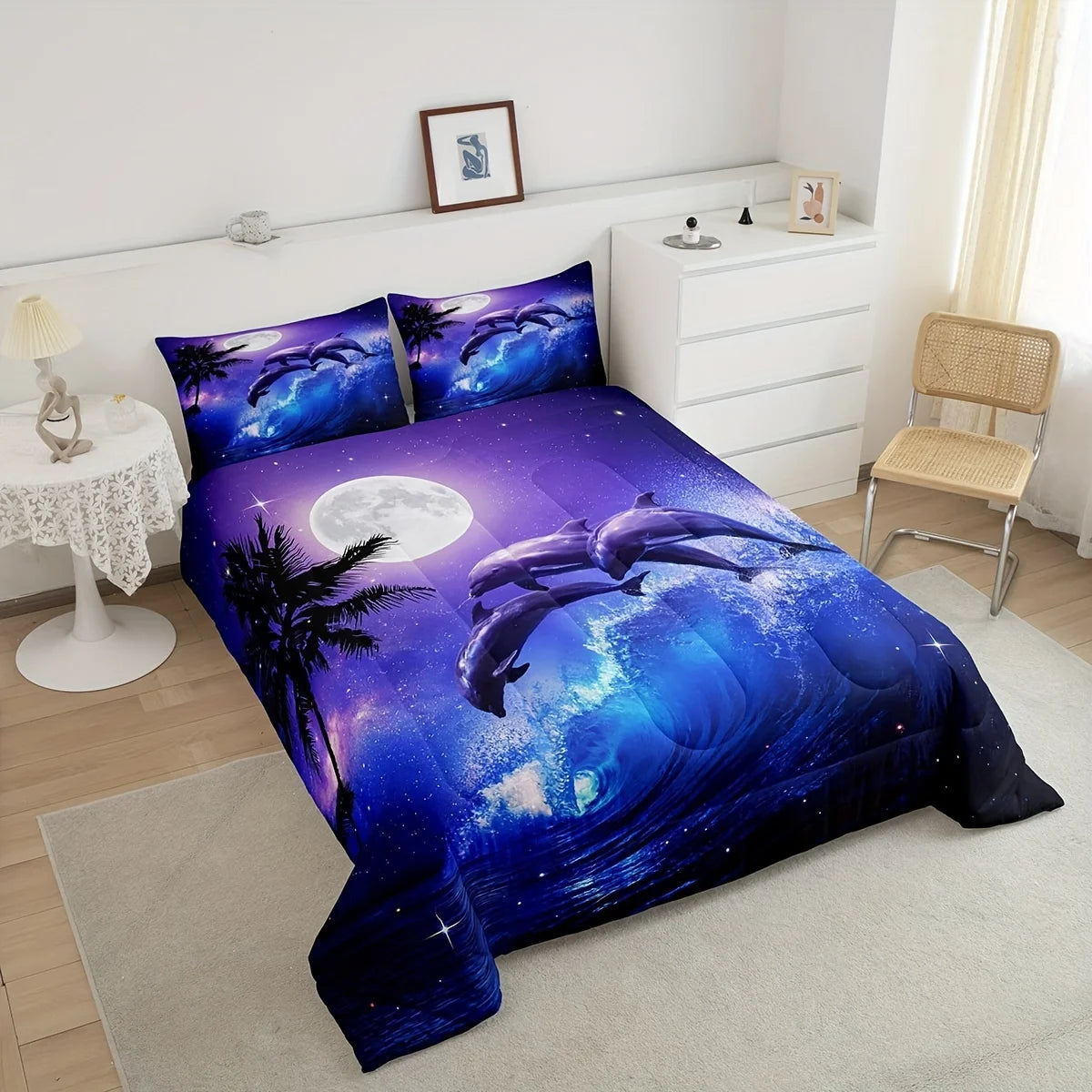 ensemble literie thème marin dauphins violet bleu blanc moderne impression 3d polyester brossé
