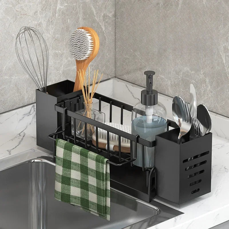 organisateur cuisine rangement évier moderne gris noir transparent panier serviettes éponges couverts assiettes