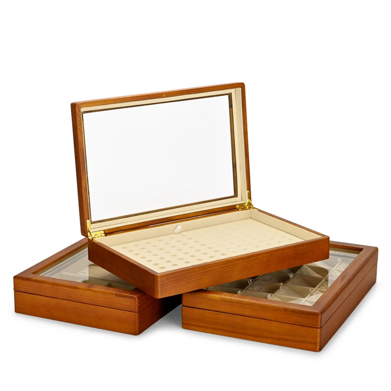 boîte bijoux bois marron clair intérieur beige simili cuir rangement display stackable organizer anneaux