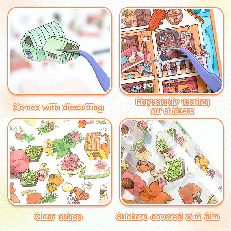 puzzle multicolore dessin animé adhésif portes fenêtres meubles personnages voitures animaux plantes scène ville