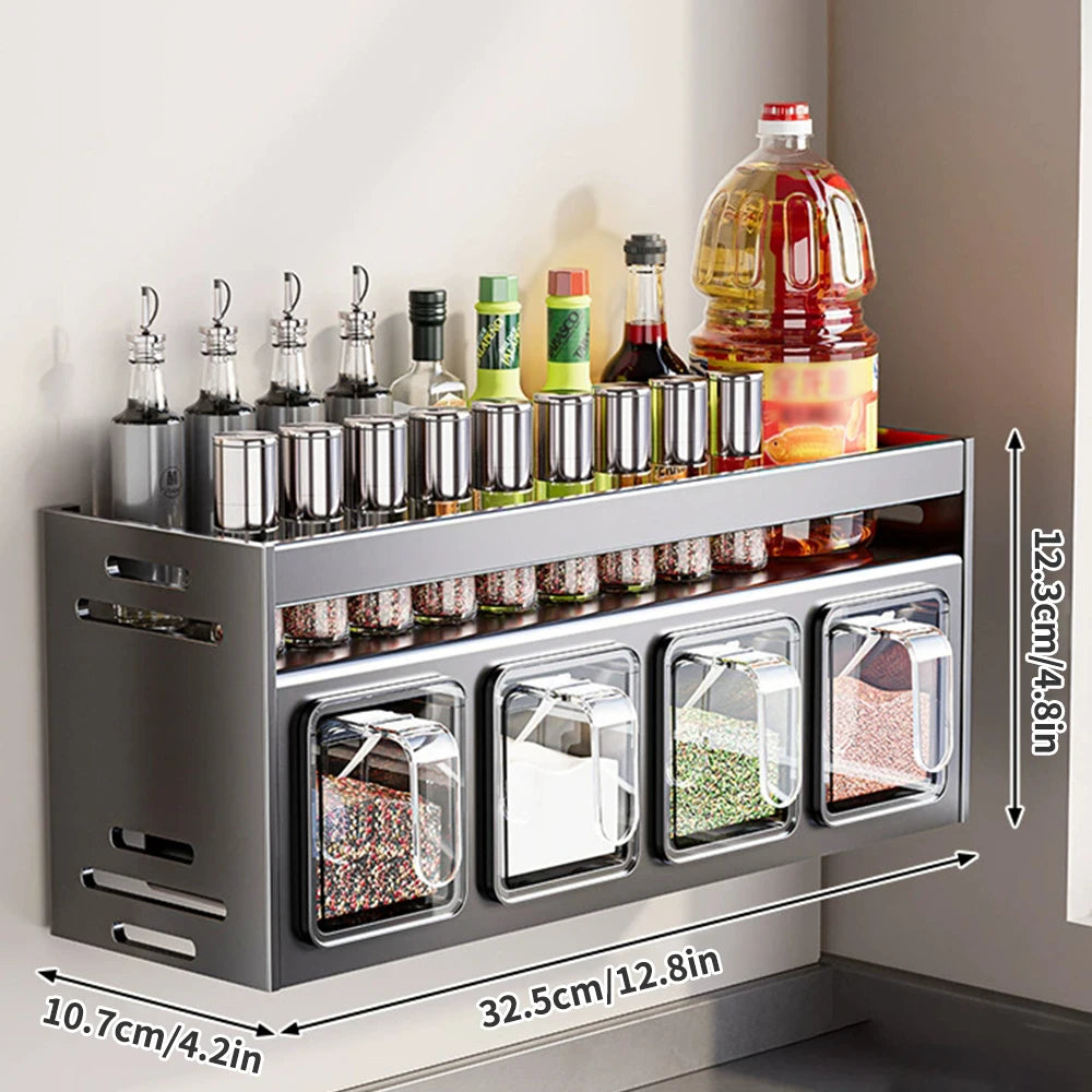 rangement condiments gris transparent moderne acier brillant fixations murales conteneurs couvercles multifonctionnels