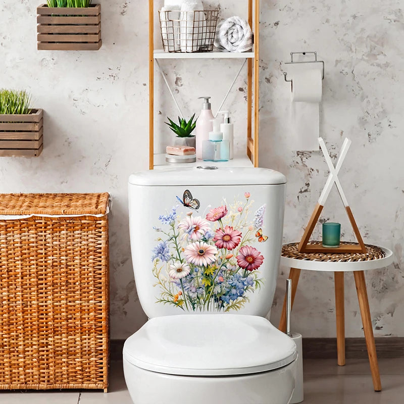 sticker mural multicolore fleurs papillons adhésif illustration salon salle bains deco minimaliste
