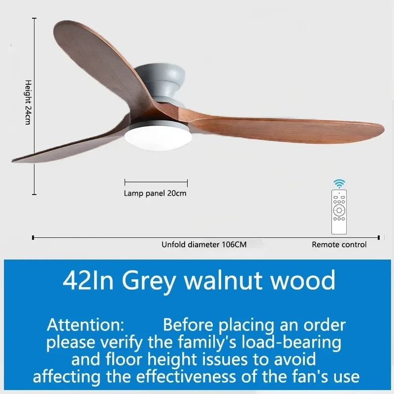 ventilateur moderne led bois naturel blanc lampe intégrée télécommande flux lumineux certifications vde ul