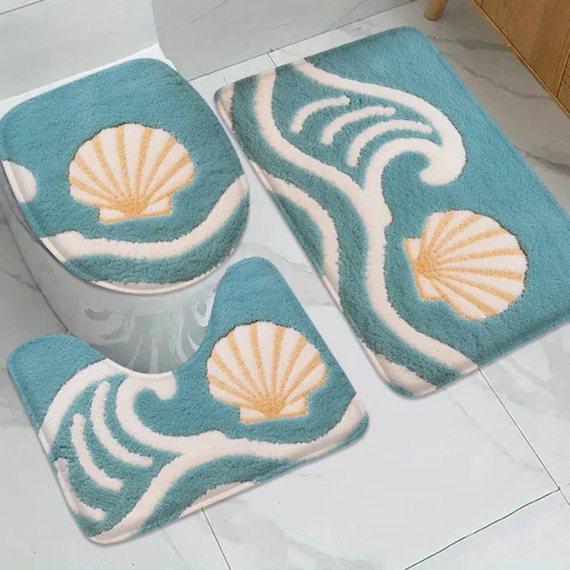 tapis bain moderne motif coquillage bleu clair tapis sol adhésif salle bain absorbant durable