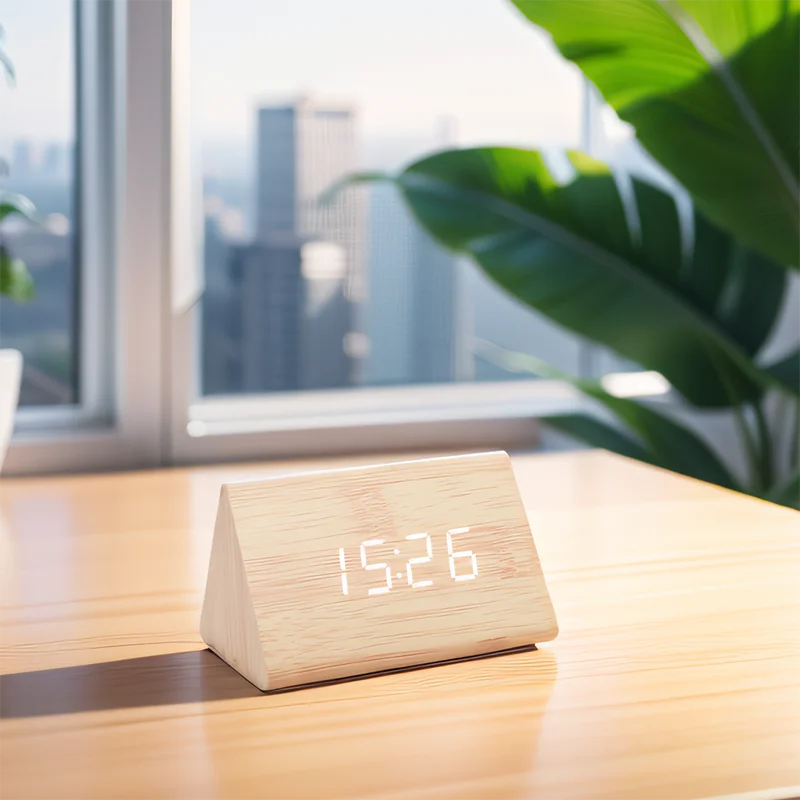 horloge numérique bois naturel affichage led date heure température moderne minimaliste