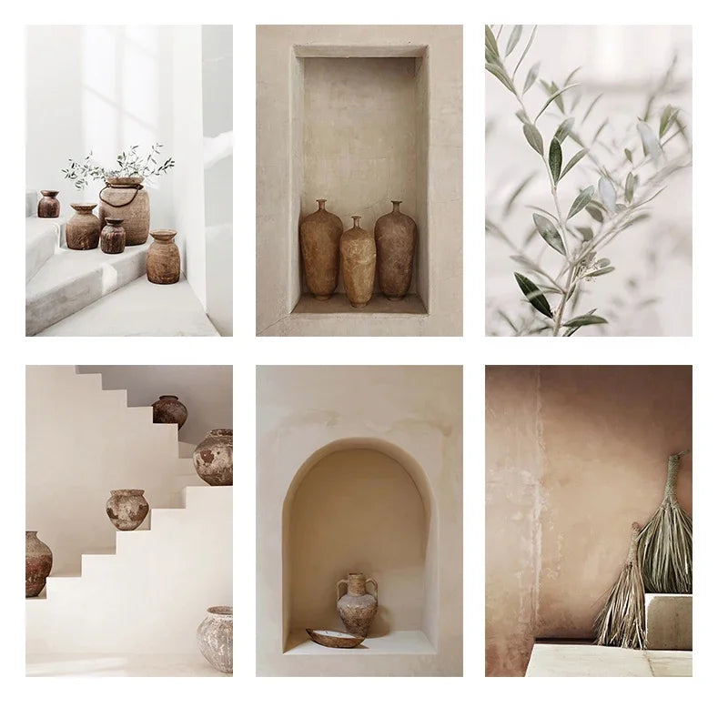 décoration murale toile peinture vases céramique rustique minimaliste beige marron gris naturel