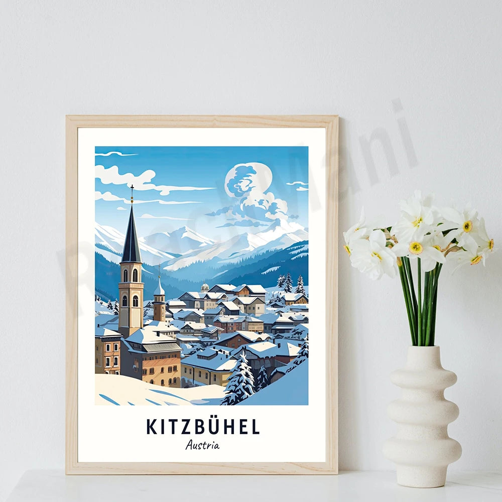 Une illustration colorée et pittoresque de la ville de Kitzbühel en Autriche, avec des bâtiments enneigés et un clocher d'église dominant un paysage montagneux.