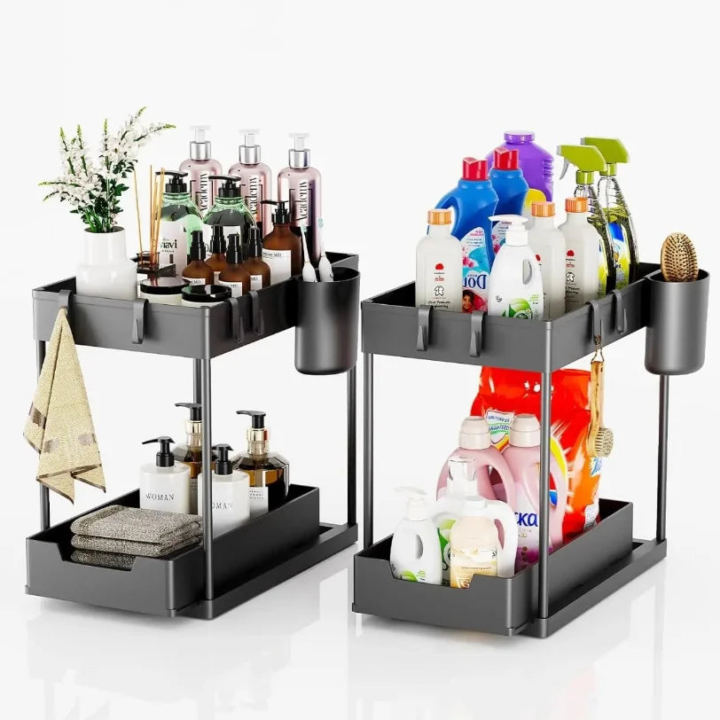rangements sous évier deux niveaux étagère suspendue crochets porte gobelet moderne noir gris utilitaire