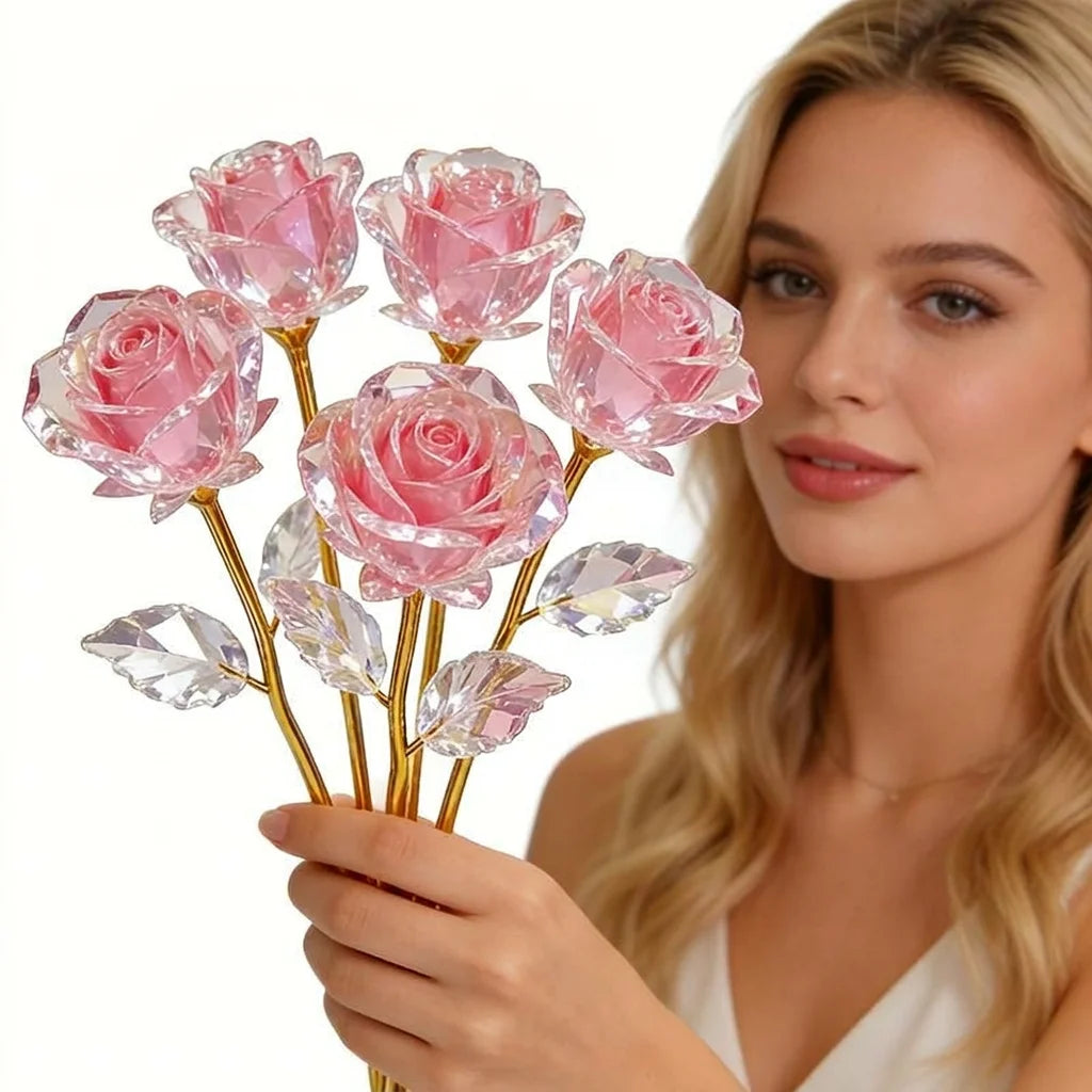 roses artificielles translucides rose élégantes romantiques fleurs décoratives intérieures scintillantes complexes facets lumière vitrine