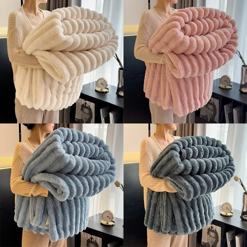couverture polaire rayée gris beige rose bleu douce hiver portable voyage hospitalière maison