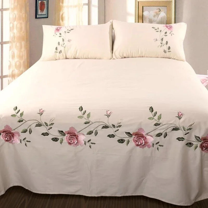 drap lit rose brodé feuilles vertes coton polyester lit adulte classique floralsetSize: 14 words