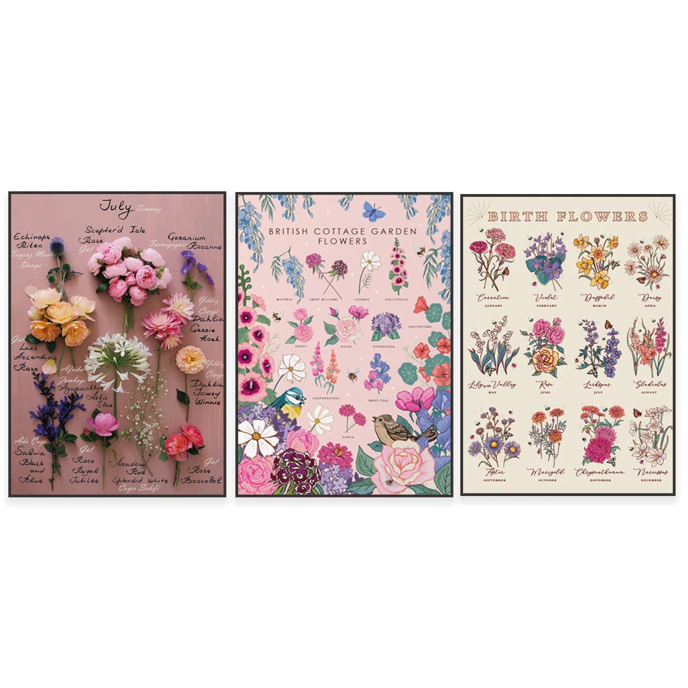 Trois affiches colorées présentant divers arrangements floraux, des schémas de fleurs de jardin britanniques et une guide de naissance des fleurs.