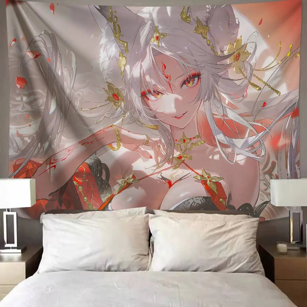 tapisserie murale art numérique anime femme cheveux blancs accessoires dorés détails floraux 100x150cm 150x200cm