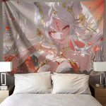 tapisserie murale art numérique anime femme cheveux blancs accessoires dorés détails floraux 100x150cm 150x200cm