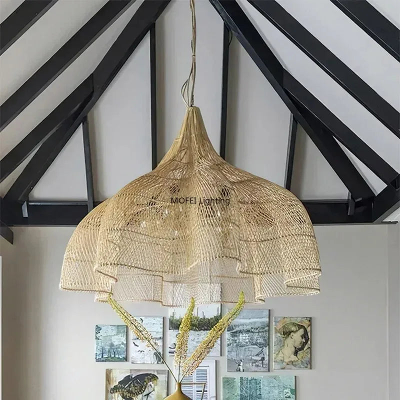 lampe suspendue rotin bois naturel rustique moderne salon cuisine lumière chaude