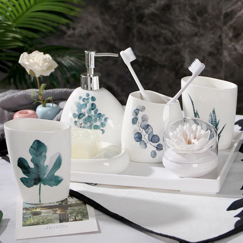 ensemble salle bain céramique éco friendly blanc bleu vert fleuri