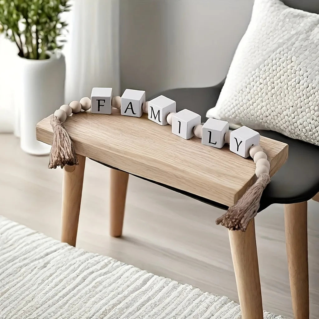 décoration intérieure guirlande lettres bois blanc tassel corde naturelle rustique chambre salon