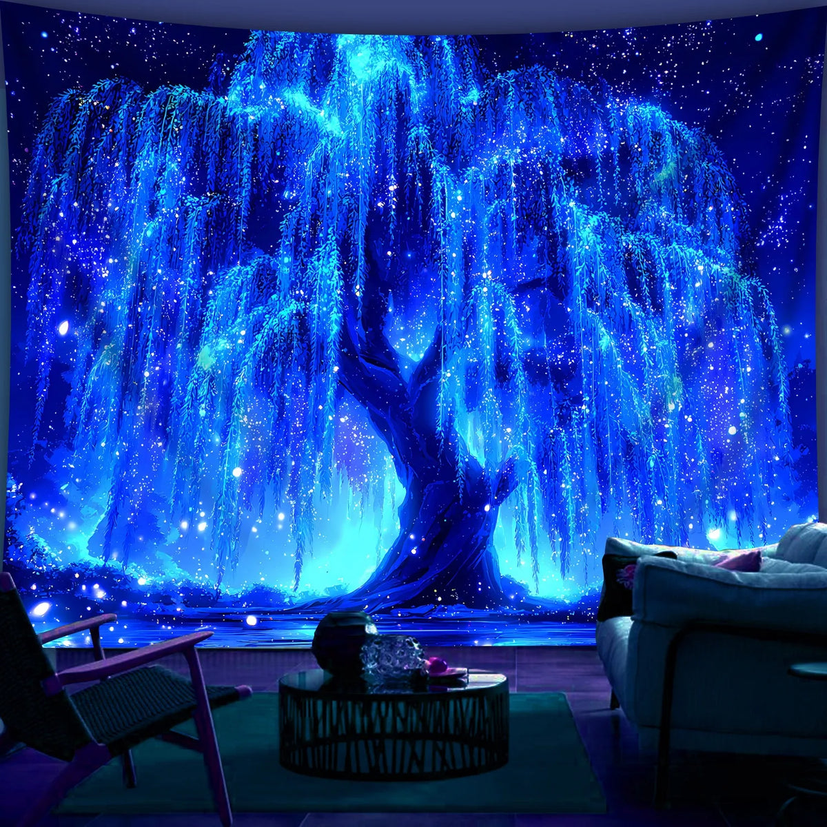 tapisserie arbre vie étoiles nuit bleu noir blanche impressioniste chambre uv décoration festive halloween