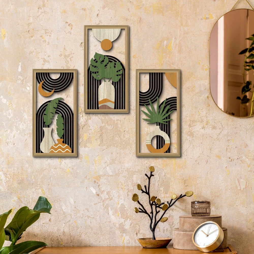 décoration murale contemporaine tableaux abstraits bois géométriques vert noir minimaliste