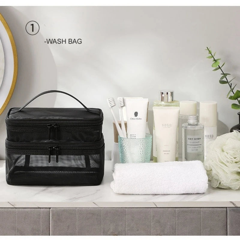 sac maquillage noir maille moderne poignée cosmétiques pinceaux maquillage rangement salle bain