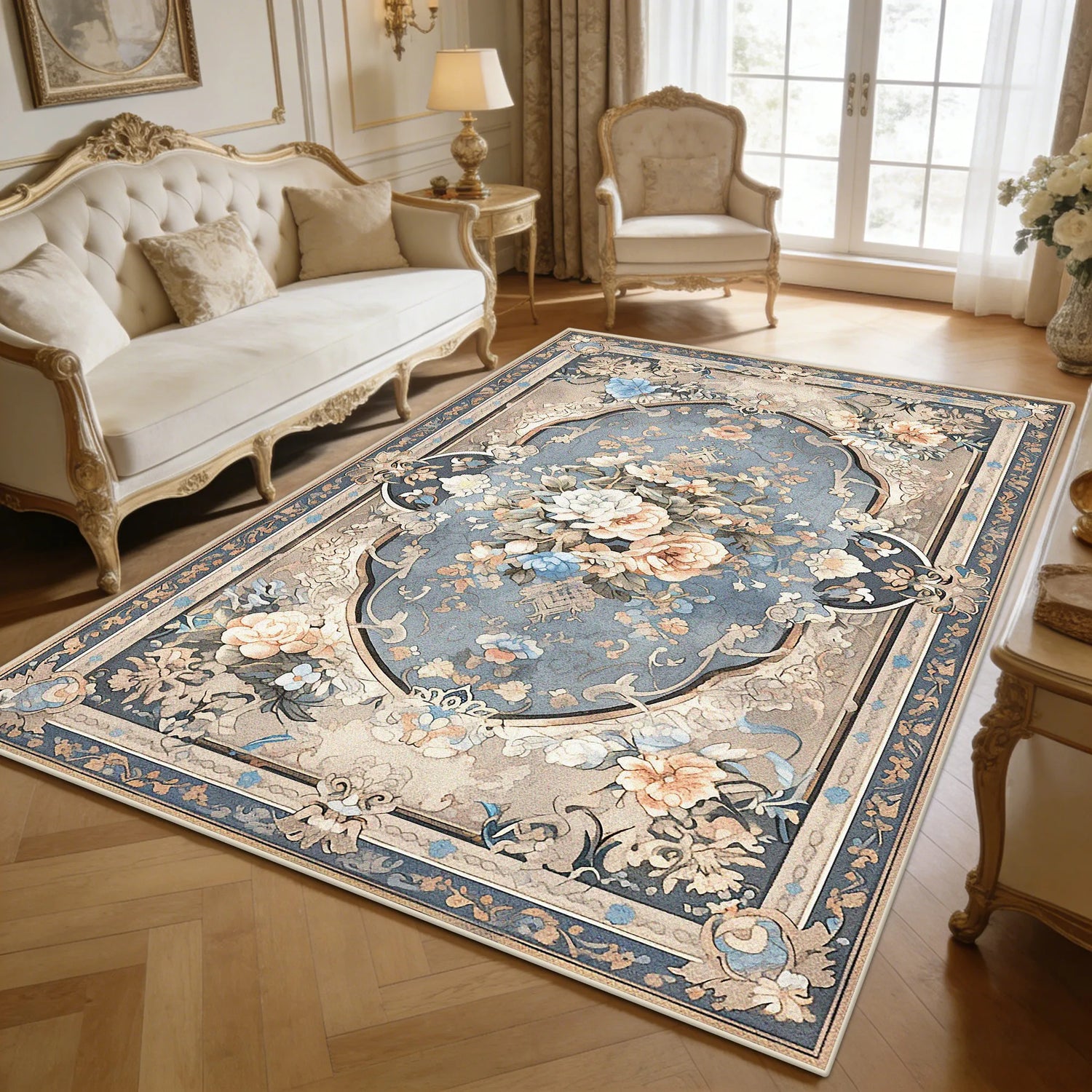Détail du motif floral sur le tapis beige