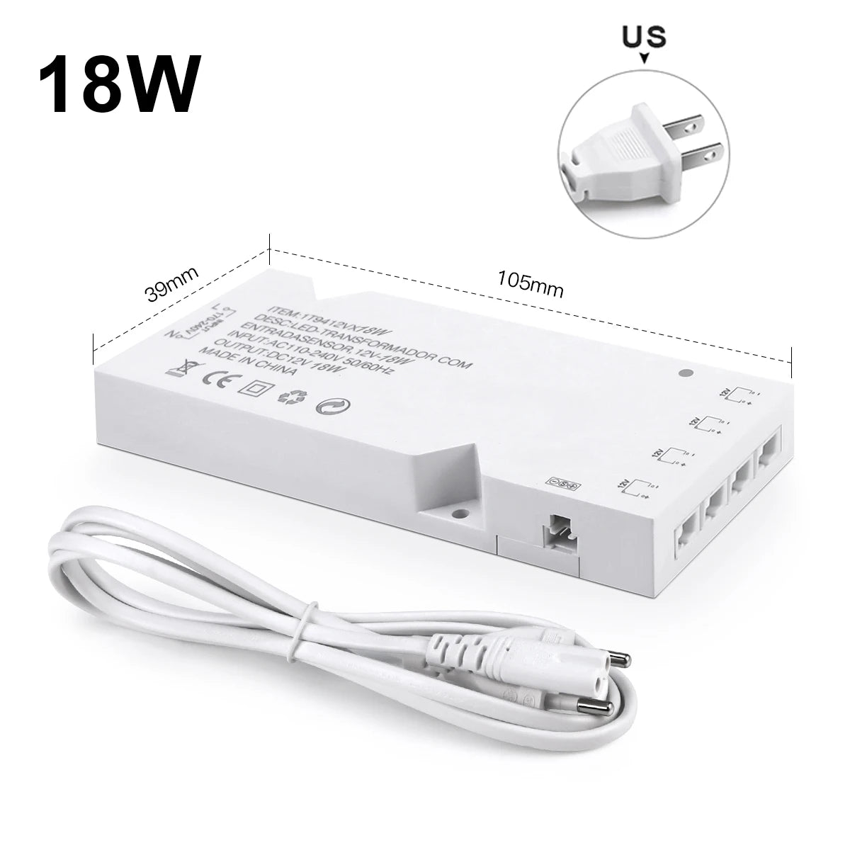 transformateur led blanc moderne 12v ac220v 110v 10ports adhésif câble prise eu