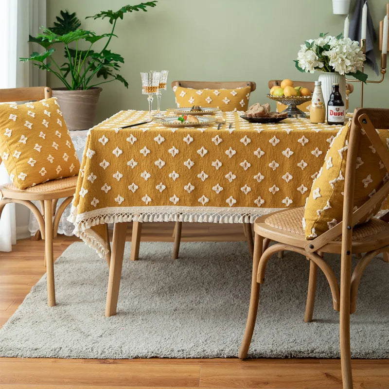 nappe table vintage jaune moutarde motif floral nordique réutilisable été printemps hiver automne