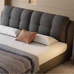 lit moderne gris velours tête matelas coussins tapis tringles chambre accessoires bois