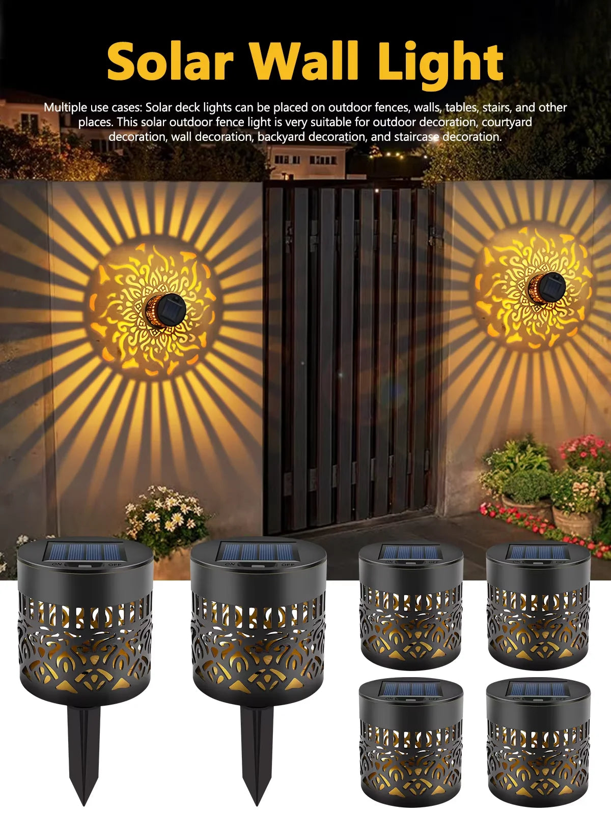 lampe solaire murale moderne motif mandala noir doré ajouré métallique extérieur jardin
