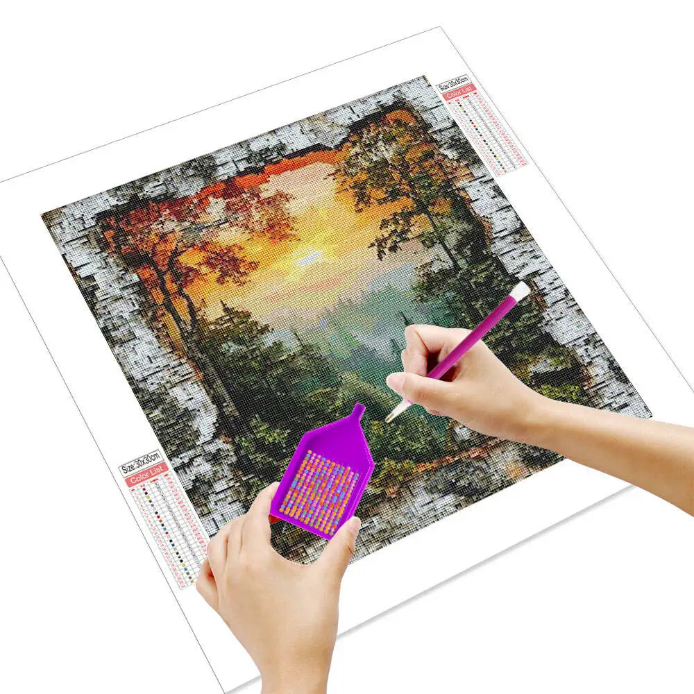 tableau diamant paysage forestier multicolore coucher soleil art contemporain diamants cadre noir