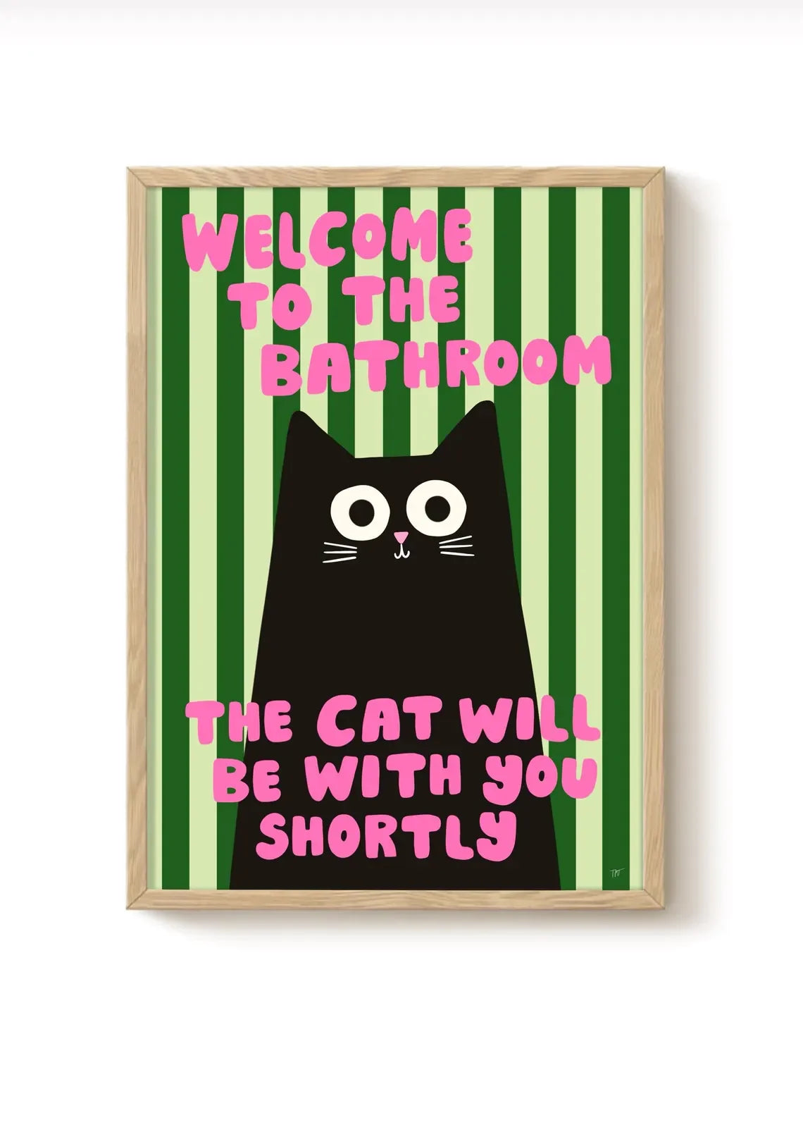 affiche moderne chat noir rayures vertes texte rose salle bain humoristique