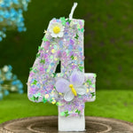 bougies numérales pailletées fleurs reliefs adhésives anniversaire enfant violet blanc vert bleu doré