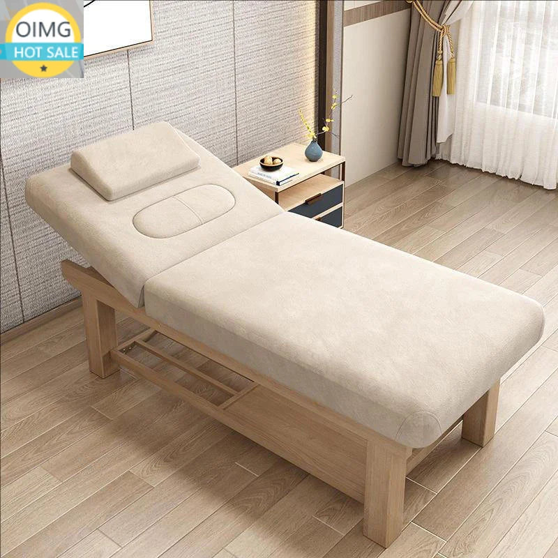 table massage professionnelle simili cuir structure bois moderne marron gris beige étagères rangement tiroirs