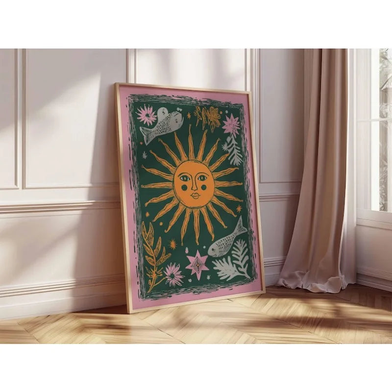 affiche abstraite soleil lune bohème art mural moderne salon chambre verte dorée roseclair floral
