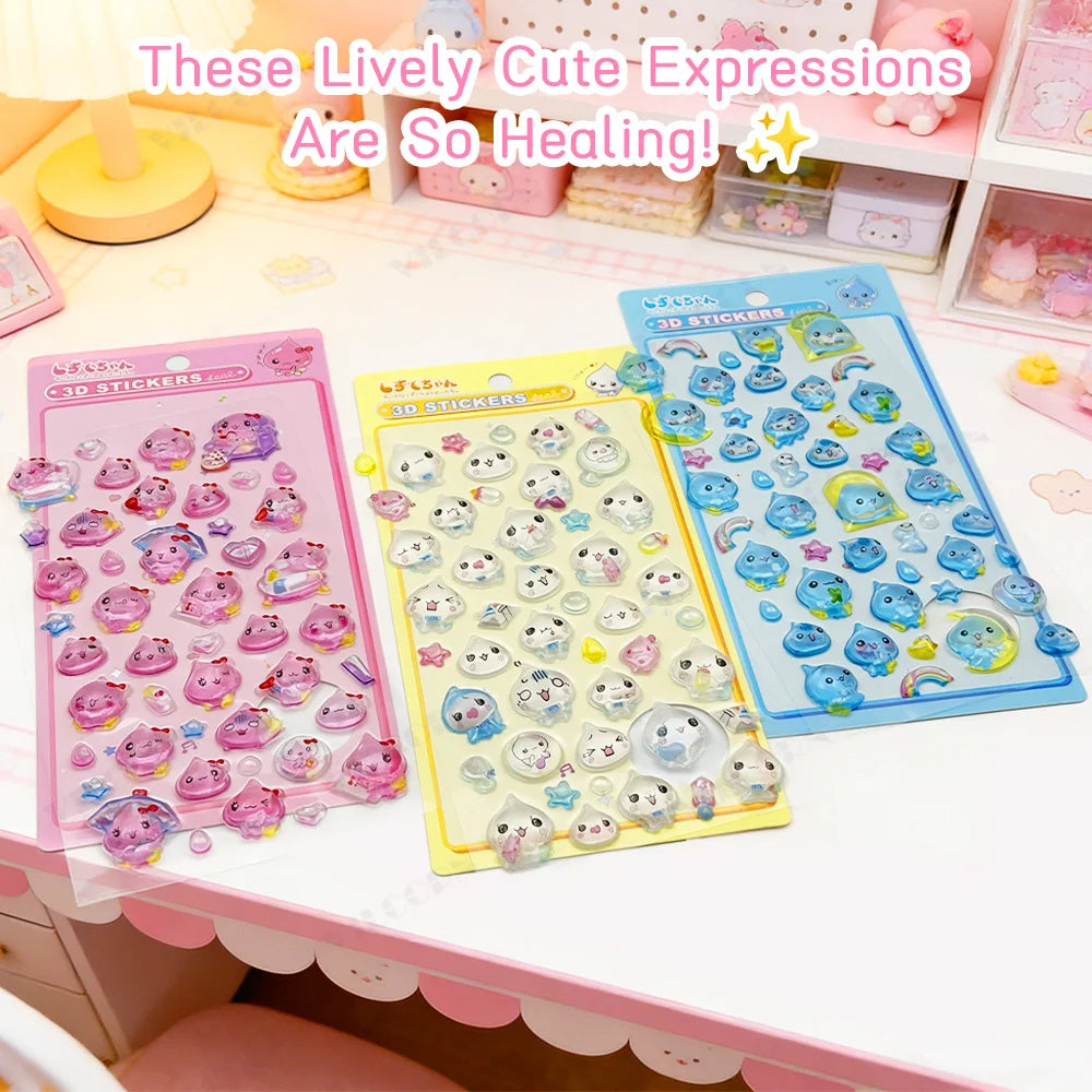 sticker 3d mignon goutte d'eau animaux étoiles arc ciel kawaii adhésif rose blanc bleuclair.texture
