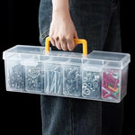boîte outils transparente poignée jaune contenant vis boulons clous tournevis clé rubans adhésifs pratique