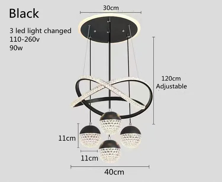 suspension lumineuse moderne or noir anneaux boules translucides led clips