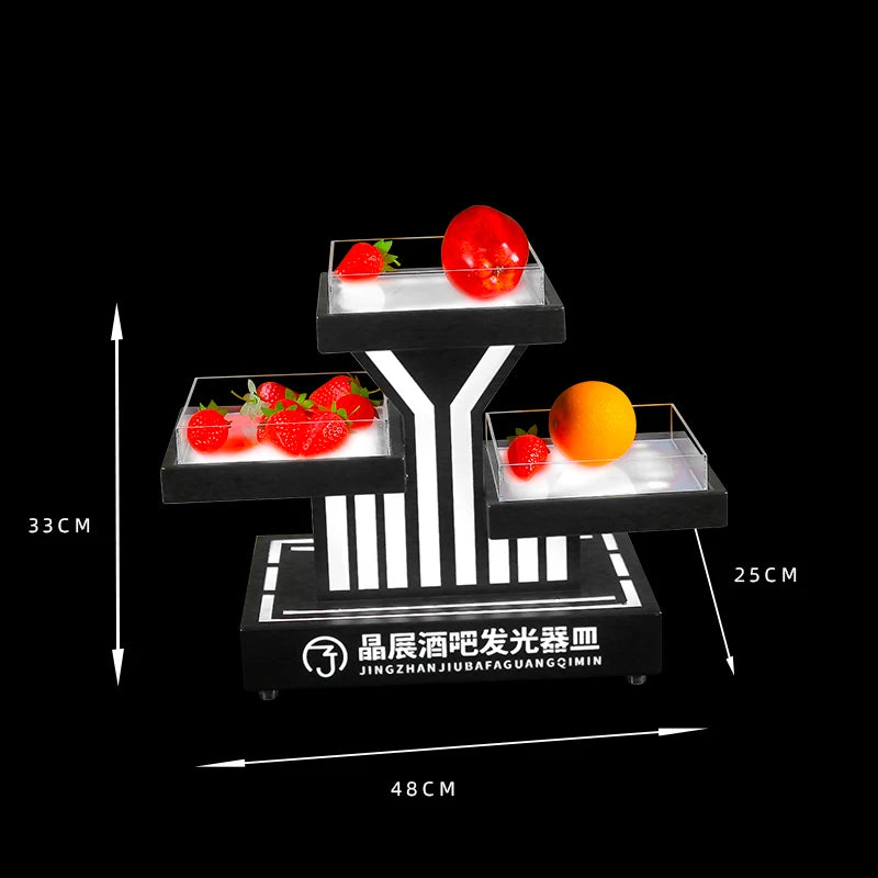 support fruits moderne plateau lumineux noir rouge rayures transparents leds rechargeables