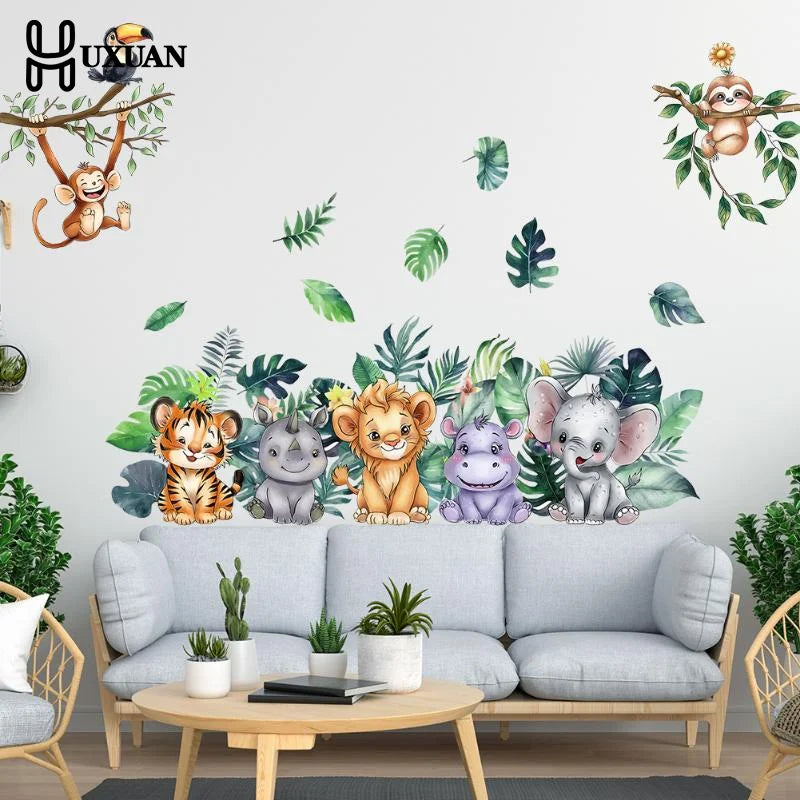 sticker mural dessin animé animaux mignons multicolore tigre rhinocéros lion hippopotame éléphant tropical chambre
