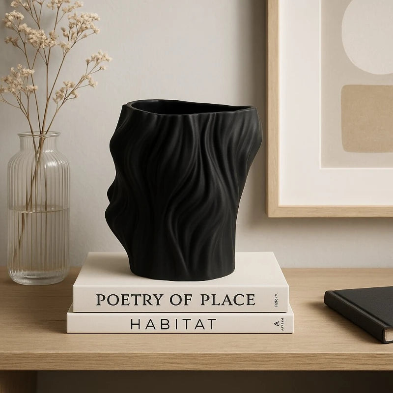 vase céramique noir blanc texturé wabi sabi moderne minimaliste décoration intérieure sculptural porte plantes