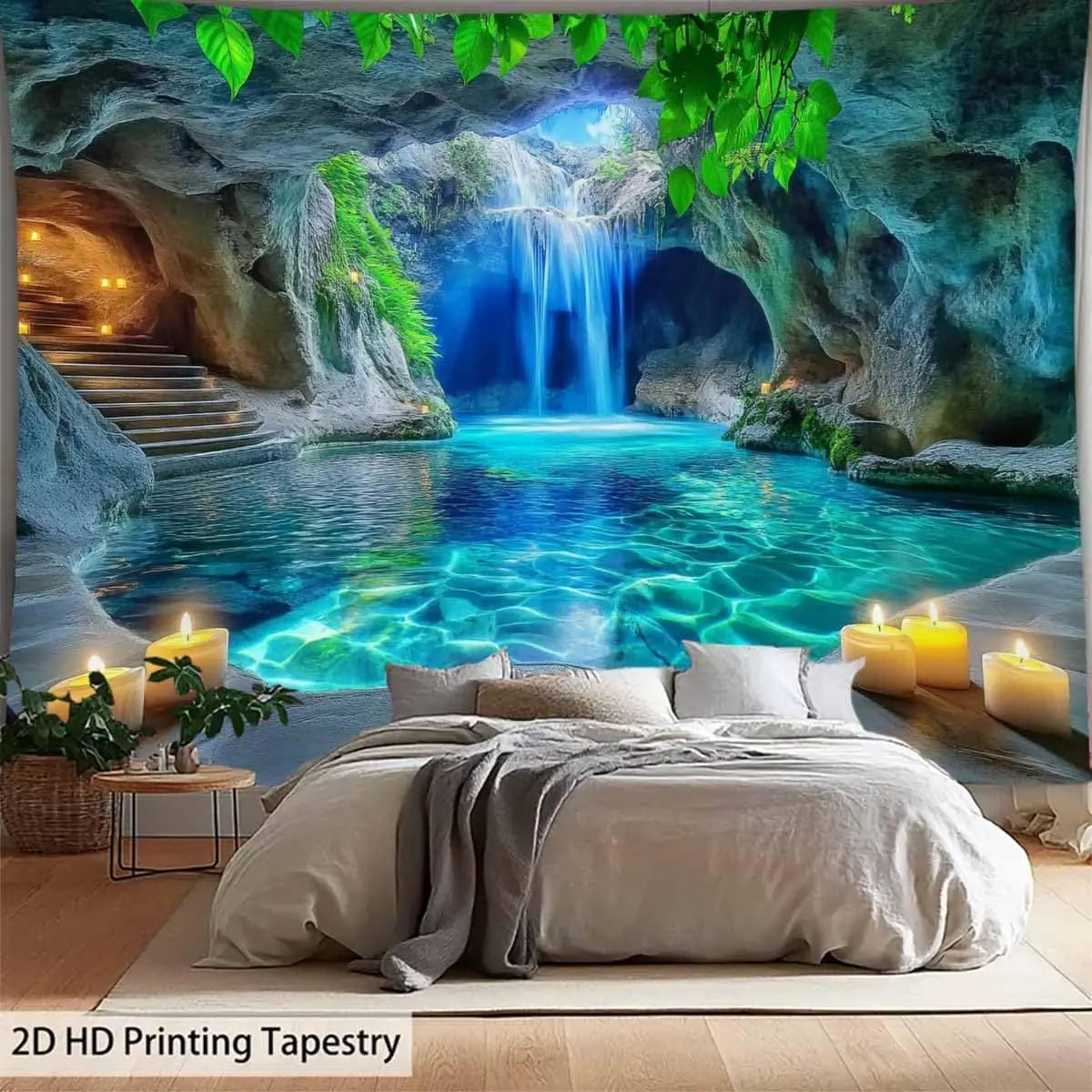 tapisserie paysage cascade rochers eau végétation bleu vert beige noir impressionniste réalisteintérieur decoration