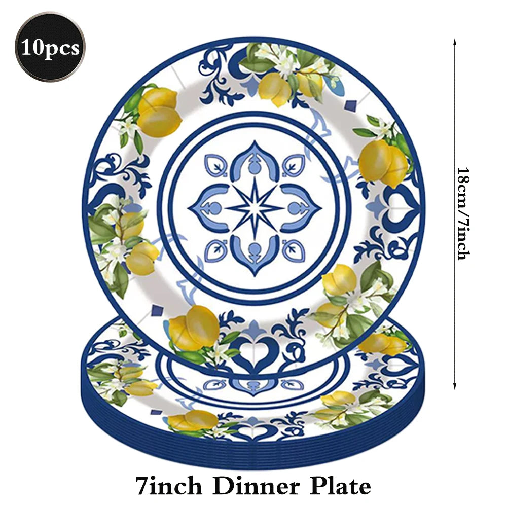 vaisselle jetable assiettes gobelets serviettes motif floral citron anniversaire mariage festive