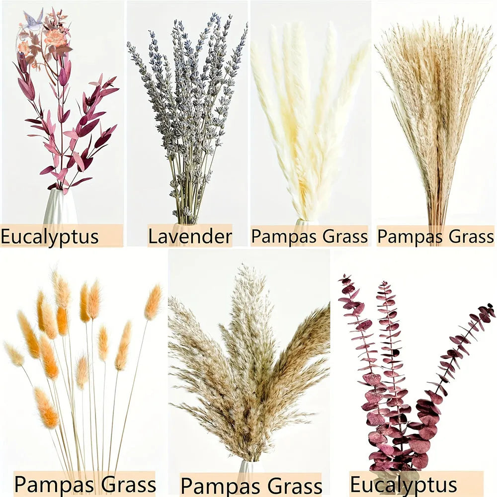 Bouquet fleurs séchées naturel marron beige violet blanc plumes pampas rustique maison table decoration