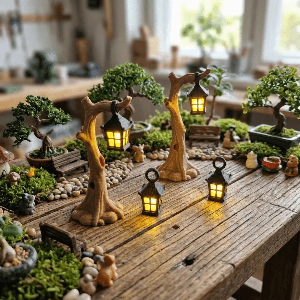 lanterne décorative miniature tronc naturel détails dorés suspendue brunes dorées forêt