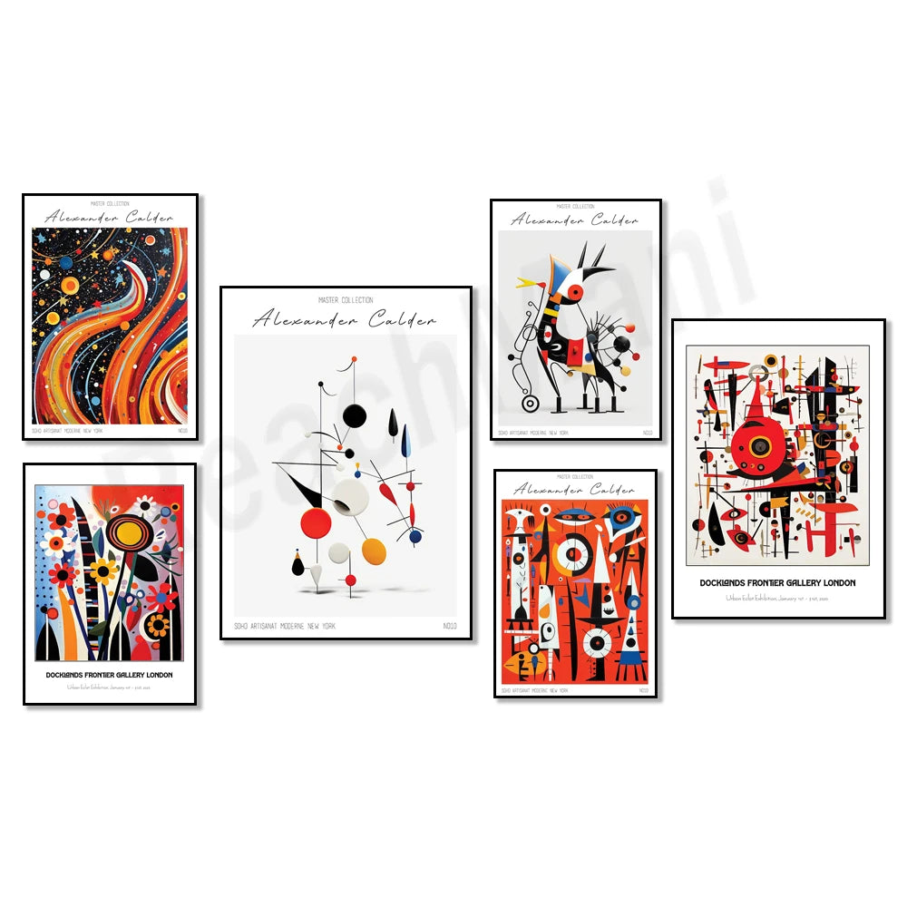 Cette image présente une collection d'affiches d'art mettant en vedette les œuvres colorées et dynamiques de l'artiste Alexander Calder, célèbre pour ses sculptures mobiles et ses compositions abstraites.