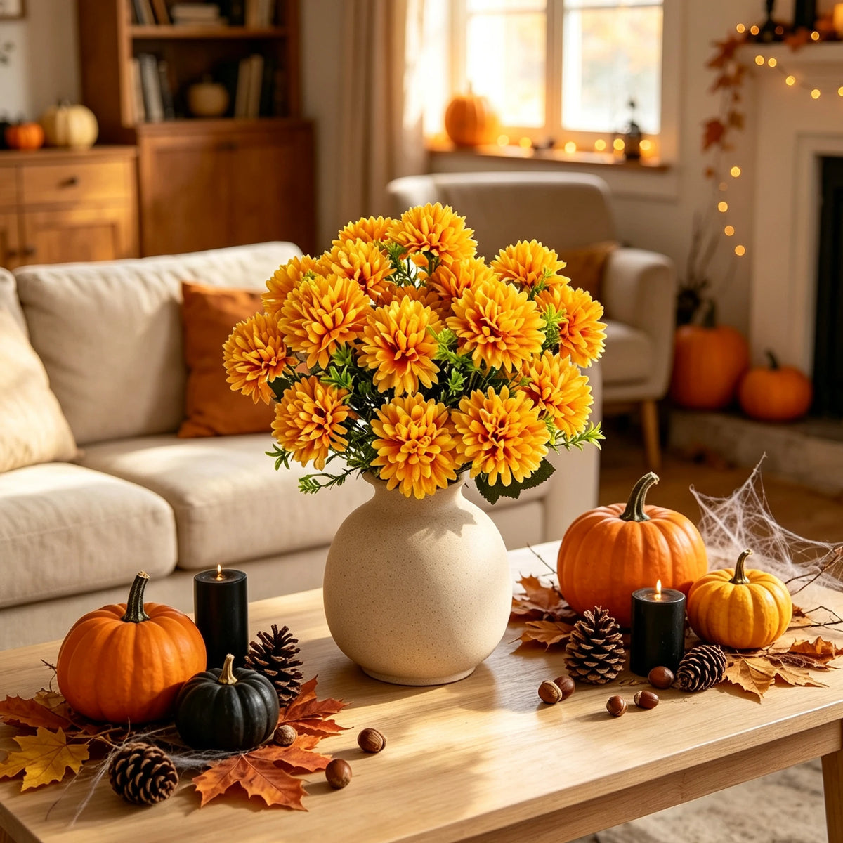 décoration intérieure bouquet fleurs artificielles soie mariage automne anniversaire moderne orange jaune rouge