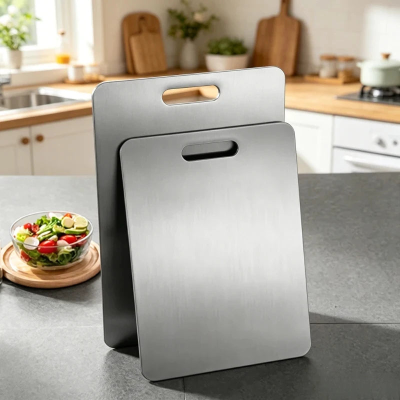 planche découper argentée moderne lisse poignée intégrée minimaliste inoxydable durable cuisine