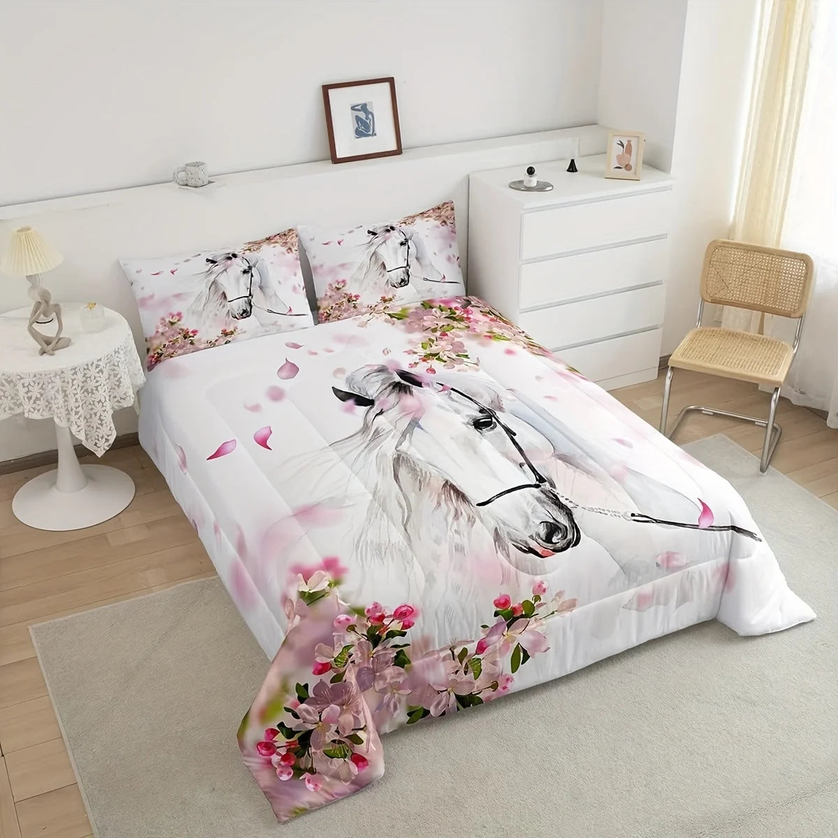 ensemble literie moderne floral cheval blanc couleurs rose gris double queen king twin